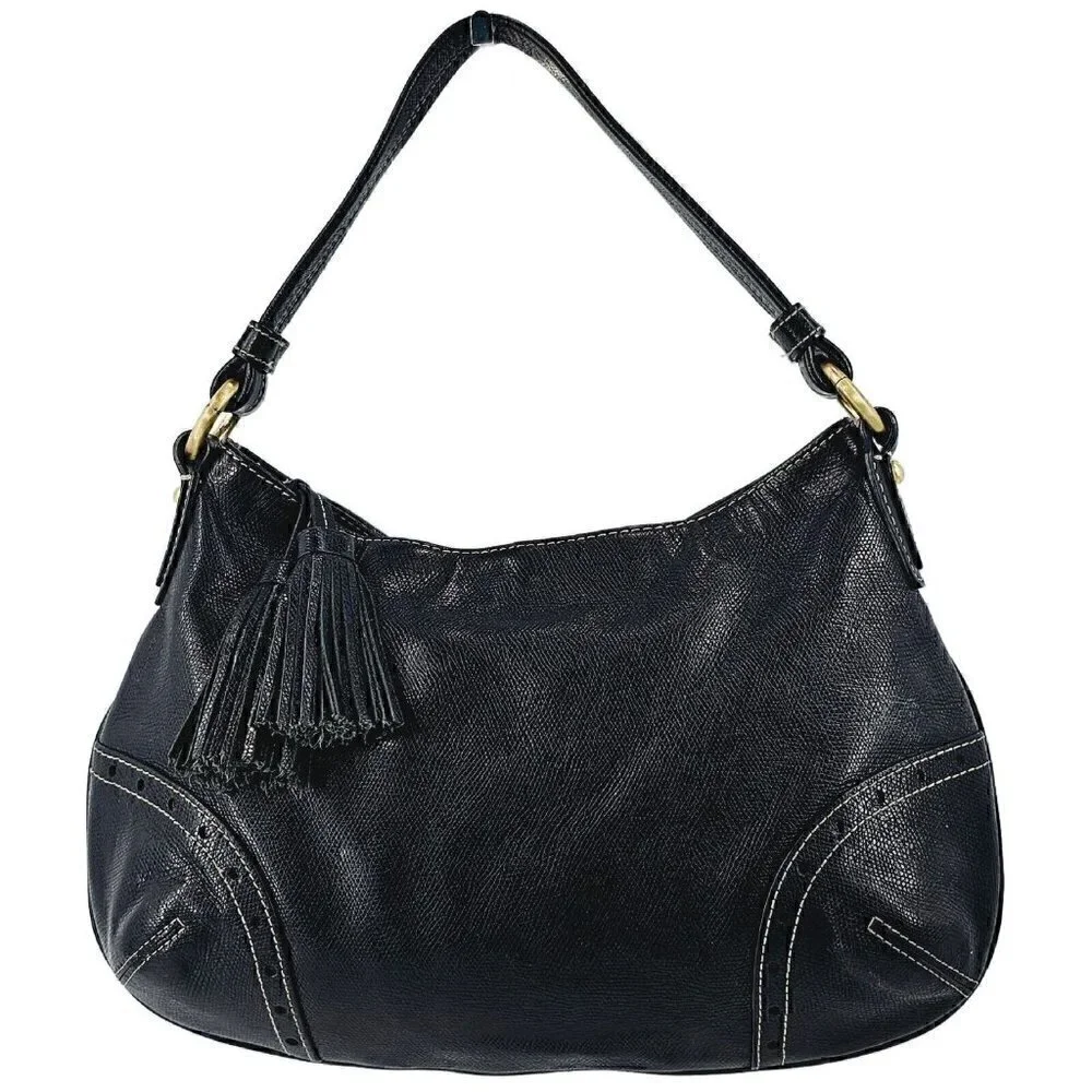 TALBOTS Black Glazed Textured Leather Hobo Shoulder Bag Silver Hardware Tassel